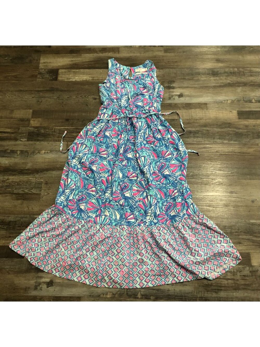 Lilly Pulitzer Large My Fans Maxi Dress Blue & Pink Geometric Print
